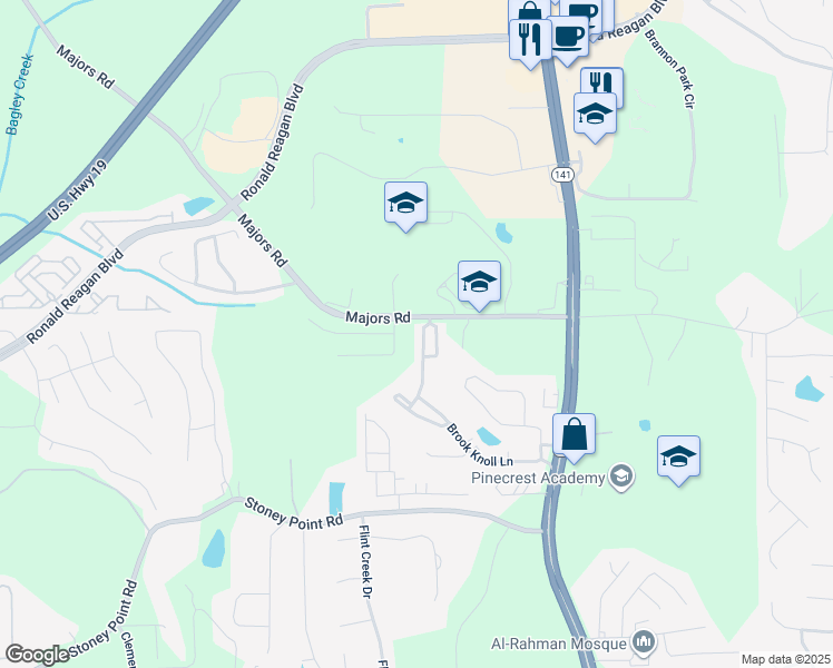 map of restaurants, bars, coffee shops, grocery stores, and more near 1825 Brannon Commons Circle in Cumming