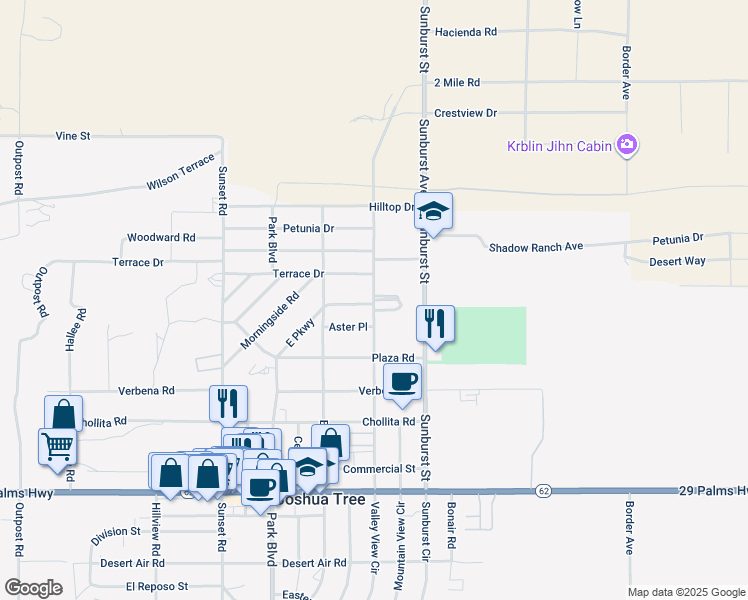 map of restaurants, bars, coffee shops, grocery stores, and more near Valley View Street in Joshua Tree