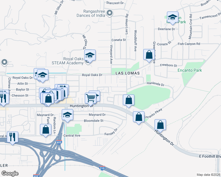 map of restaurants, bars, coffee shops, grocery stores, and more near 843 Vineyard Avenue in Duarte