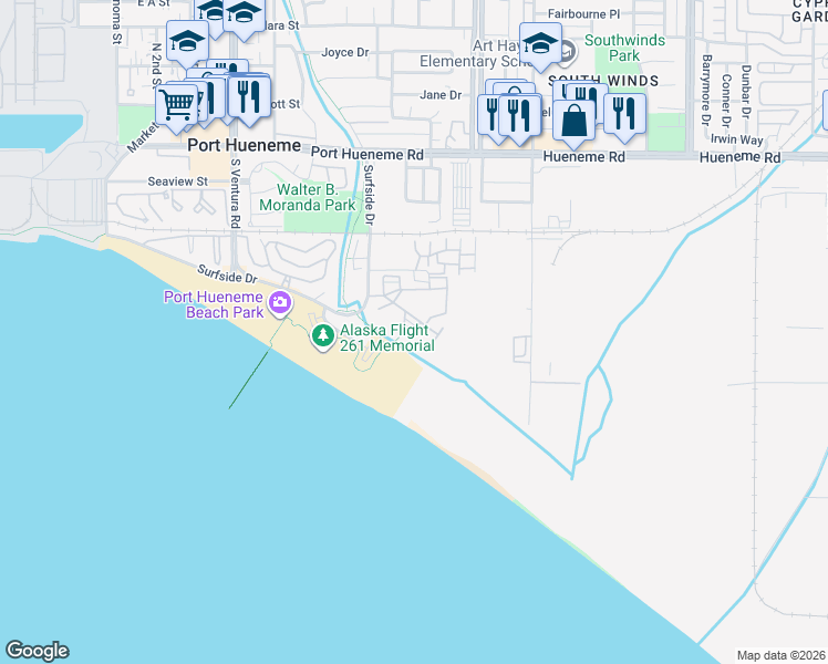 map of restaurants, bars, coffee shops, grocery stores, and more near 763 Reef Circle in Port Hueneme