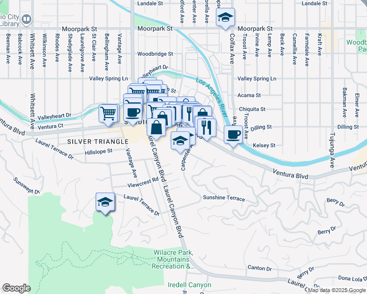 map of restaurants, bars, coffee shops, grocery stores, and more near 11912 Laurelwood Drive in Los Angeles