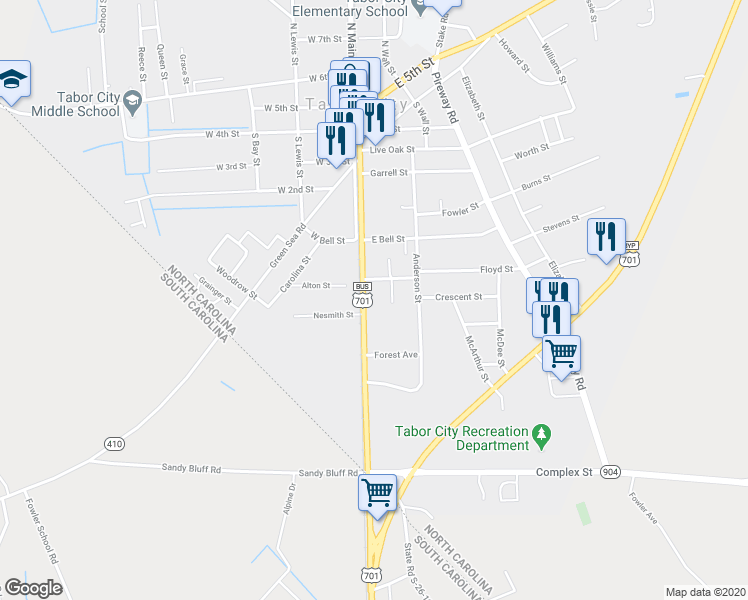 map of restaurants, bars, coffee shops, grocery stores, and more near 605 Hickman Road in Tabor City
