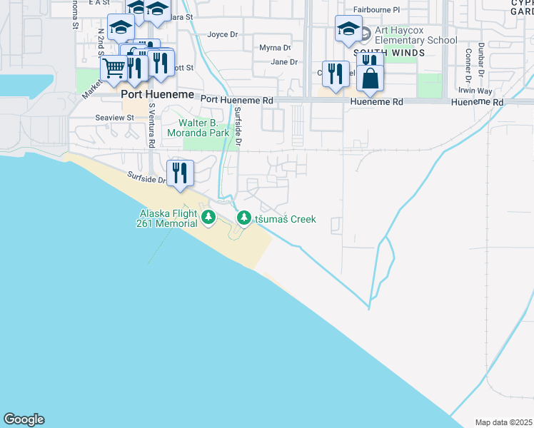 map of restaurants, bars, coffee shops, grocery stores, and more near 763 Reef Circle in Port Hueneme