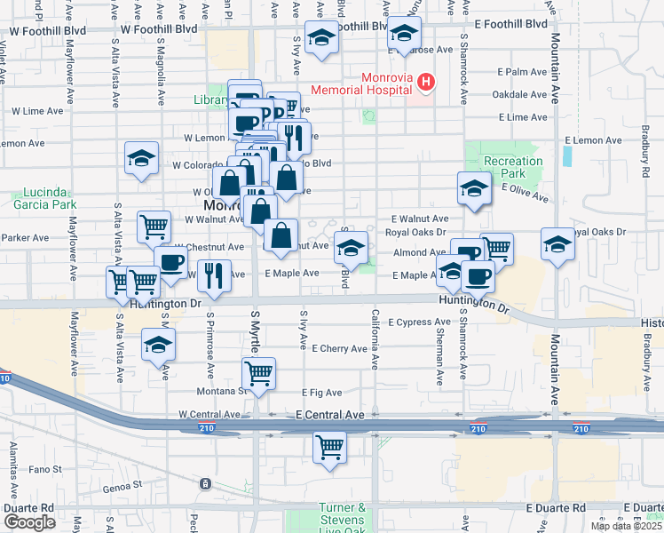 map of restaurants, bars, coffee shops, grocery stores, and more near 235 East Maple Avenue in Monrovia