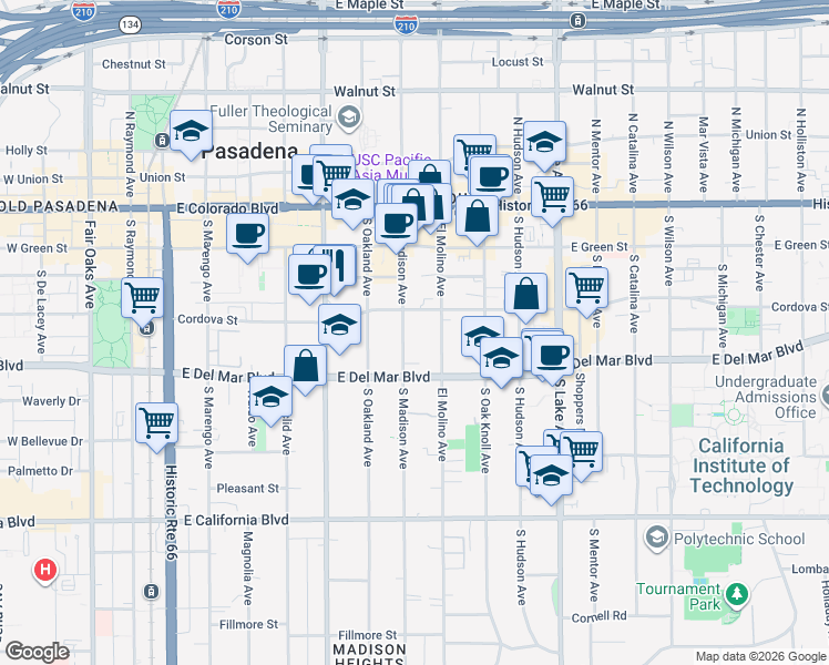 map of restaurants, bars, coffee shops, grocery stores, and more near 255 South Madison Avenue in Pasadena