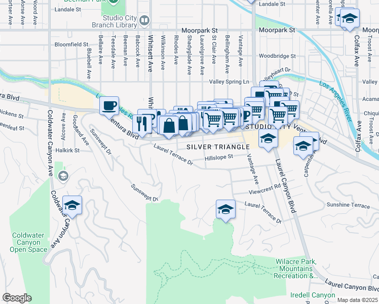 map of restaurants, bars, coffee shops, grocery stores, and more near 12334 Cantura Street in Los Angeles