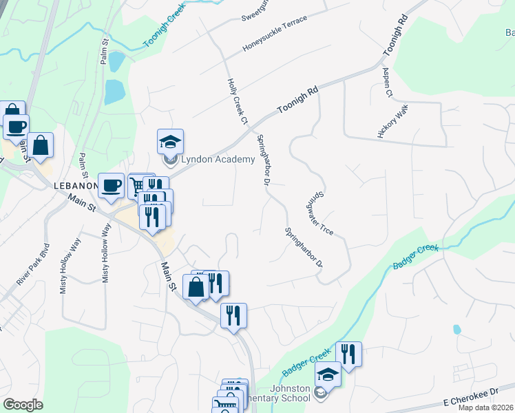 map of restaurants, bars, coffee shops, grocery stores, and more near 904 Springharbor Ridge in Woodstock