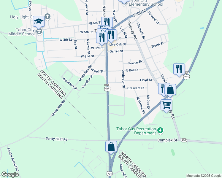 map of restaurants, bars, coffee shops, grocery stores, and more near 605 Hickman Road in Tabor City