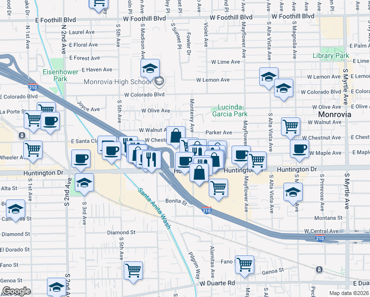 map of restaurants, bars, coffee shops, grocery stores, and more near 911 Monterey Avenue in Monrovia