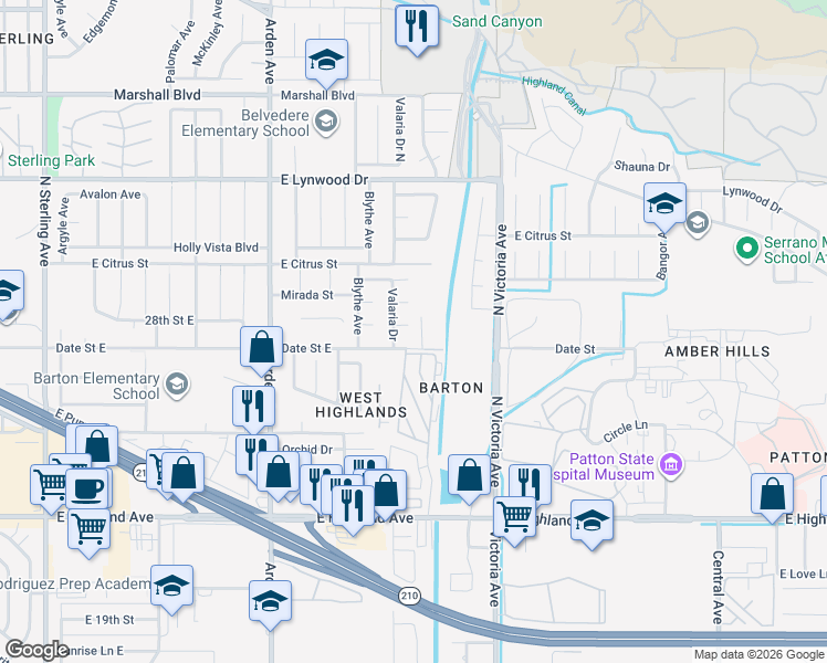 map of restaurants, bars, coffee shops, grocery stores, and more near 2649 28th Street in Highland
