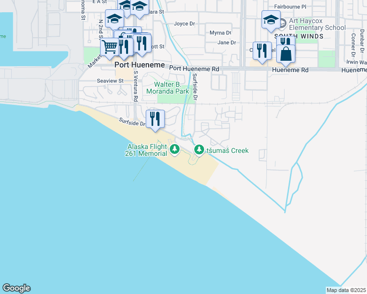 map of restaurants, bars, coffee shops, grocery stores, and more near 659 Ocean View Drive in Port Hueneme