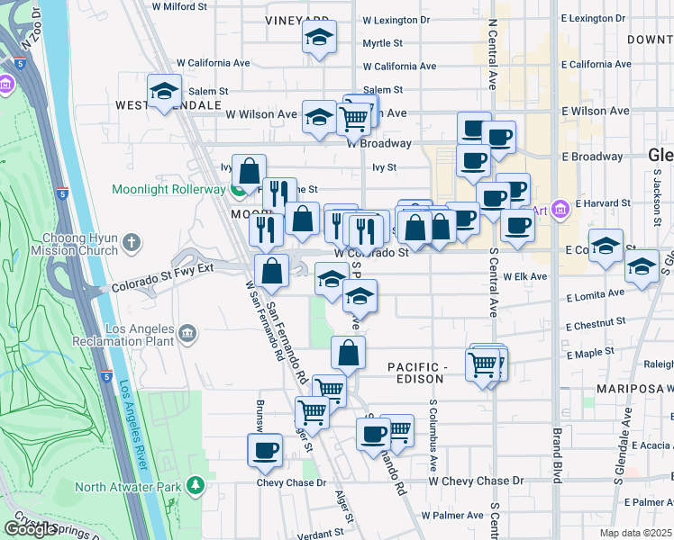 map of restaurants, bars, coffee shops, grocery stores, and more near 525 West Elk Avenue in Glendale