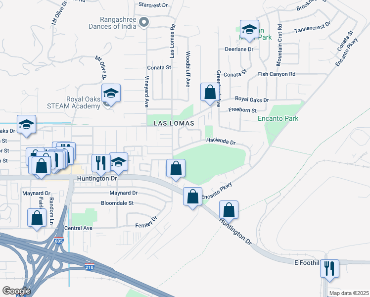 map of restaurants, bars, coffee shops, grocery stores, and more near 2668 Hacienda Drive in Duarte