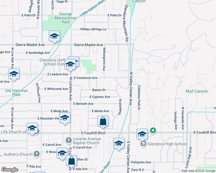 map of restaurants, bars, coffee shops, grocery stores, and more near 413 Thornhurst Avenue in Glendora