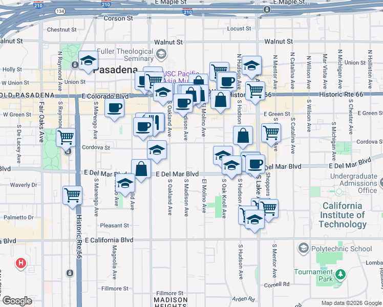 map of restaurants, bars, coffee shops, grocery stores, and more near 239 South Madison Avenue in Pasadena