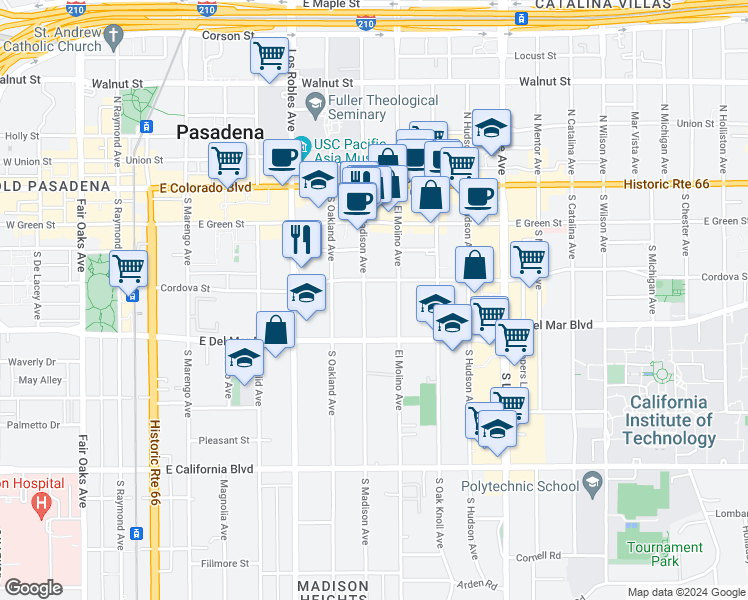 map of restaurants, bars, coffee shops, grocery stores, and more near 230 South Madison Avenue in Pasadena