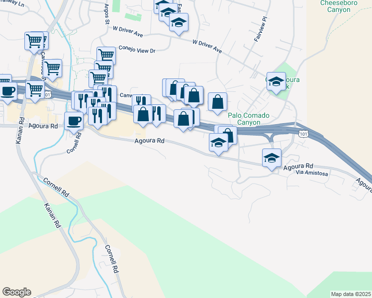 map of restaurants, bars, coffee shops, grocery stores, and more near 28350 Roadside Drive in Agoura Hills