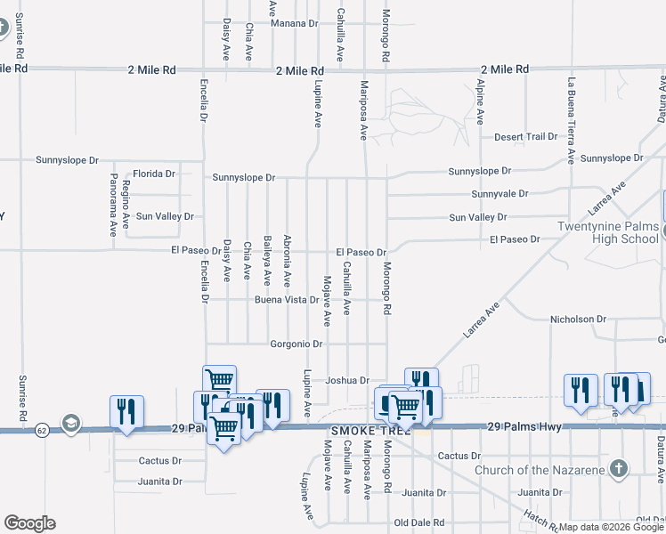 map of restaurants, bars, coffee shops, grocery stores, and more near 6144 Mojave Avenue in Twentynine Palms