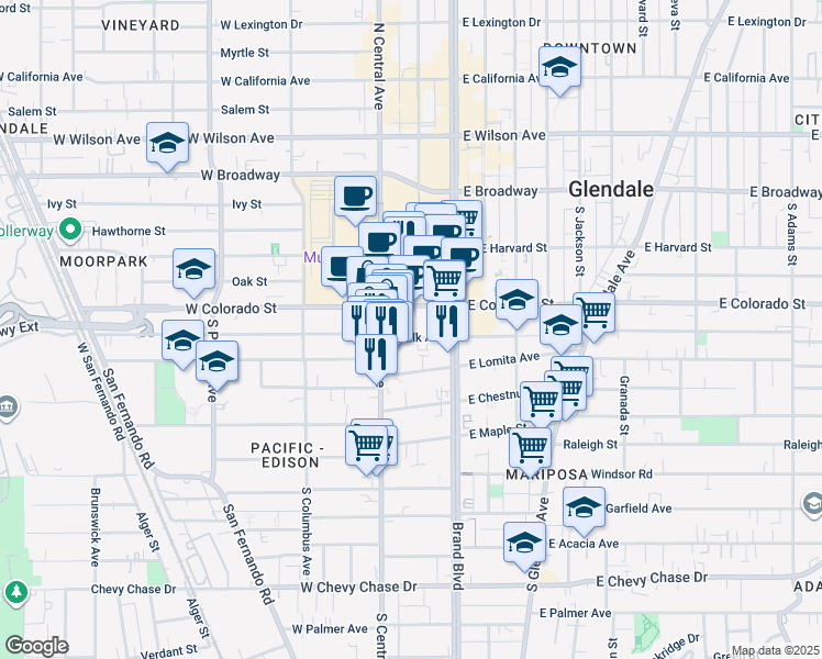 map of restaurants, bars, coffee shops, grocery stores, and more near 212 West Elk Avenue in Glendale
