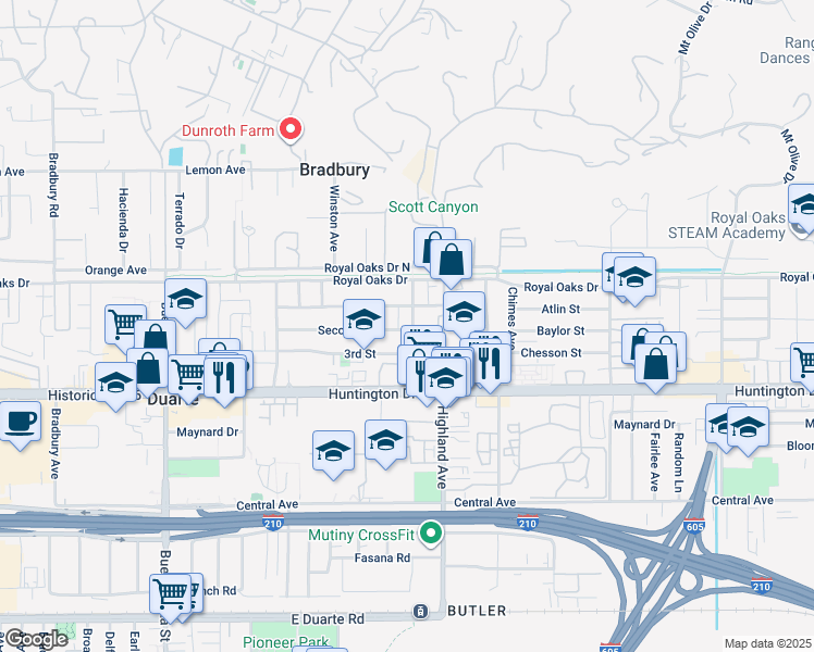 map of restaurants, bars, coffee shops, grocery stores, and more near 923 Oak Avenue in Duarte