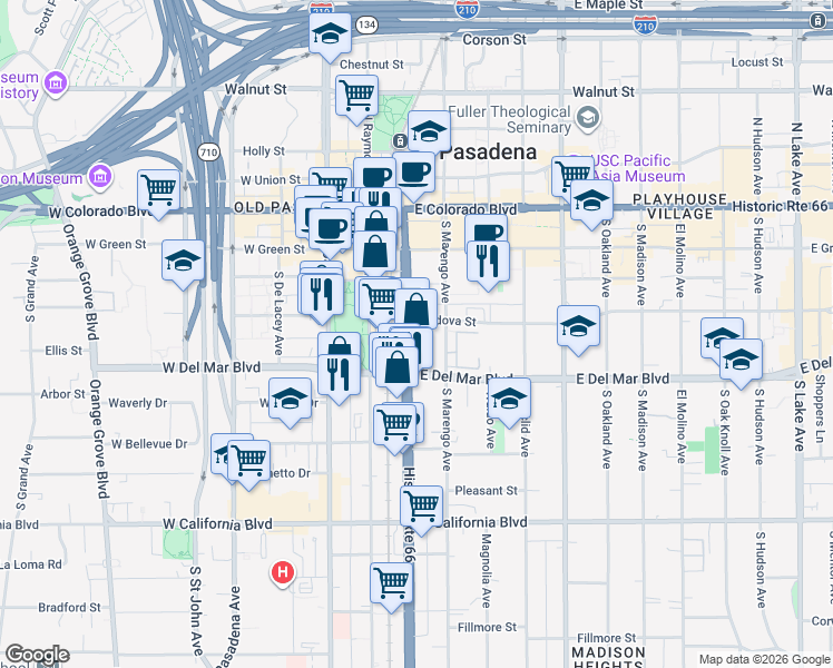 map of restaurants, bars, coffee shops, grocery stores, and more near 238 South Arroyo Parkway in Pasadena