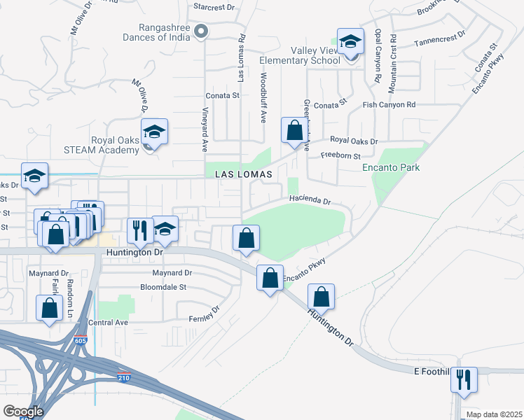 map of restaurants, bars, coffee shops, grocery stores, and more near 2670 Hacienda Drive in Duarte