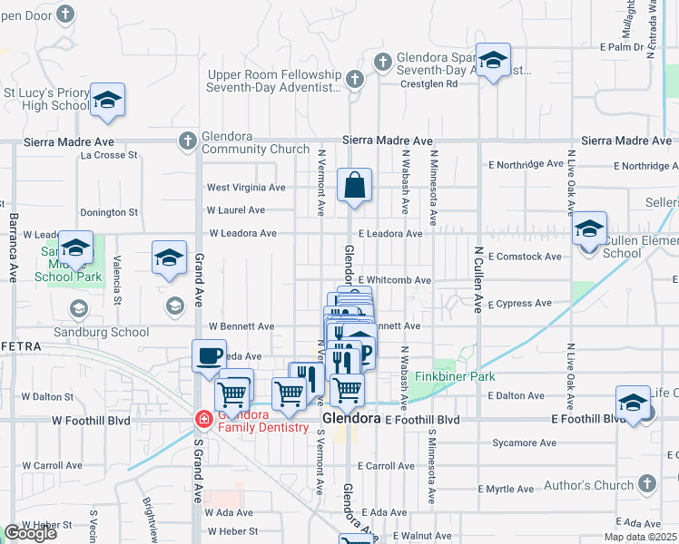 map of restaurants, bars, coffee shops, grocery stores, and more near 111 West Whitcomb Avenue in Glendora