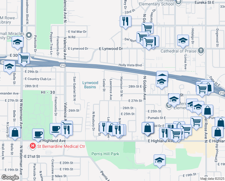 map of restaurants, bars, coffee shops, grocery stores, and more near 2775 Lawrence Avenue in San Bernardino