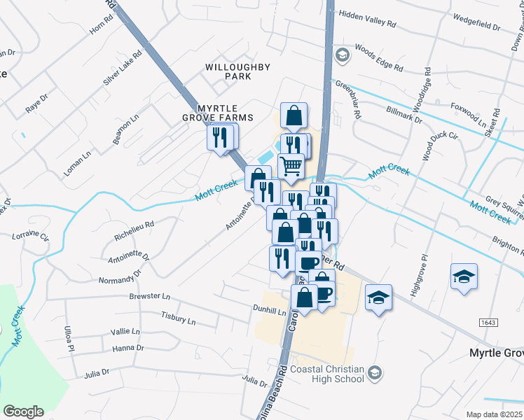 map of restaurants, bars, coffee shops, grocery stores, and more near 5310 Carolina Beach Rd in Wilmington