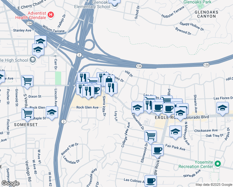 map of restaurants, bars, coffee shops, grocery stores, and more near 2501 Colorado Boulevard in Los Angeles