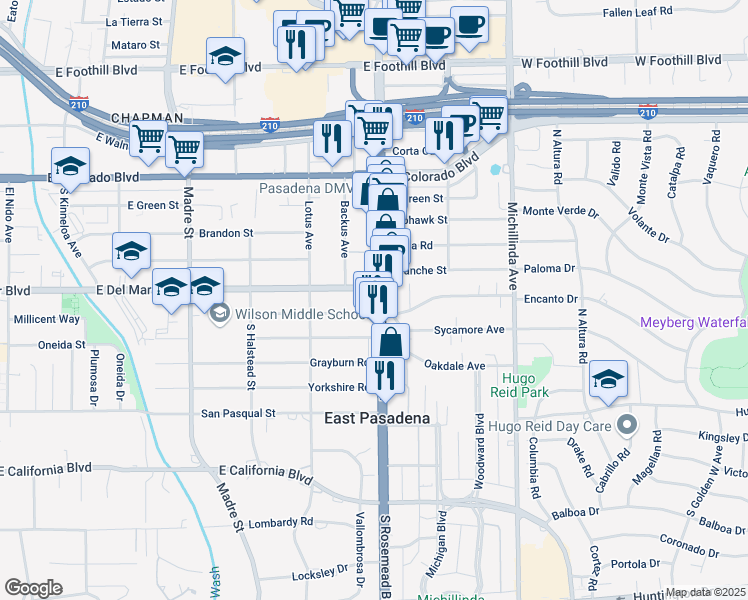 map of restaurants, bars, coffee shops, grocery stores, and more near 3681 Mountain View Avenue in Pasadena