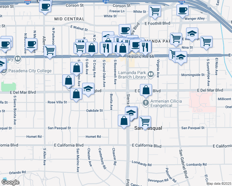 map of restaurants, bars, coffee shops, grocery stores, and more near South Roosevelt Avenue in Pasadena