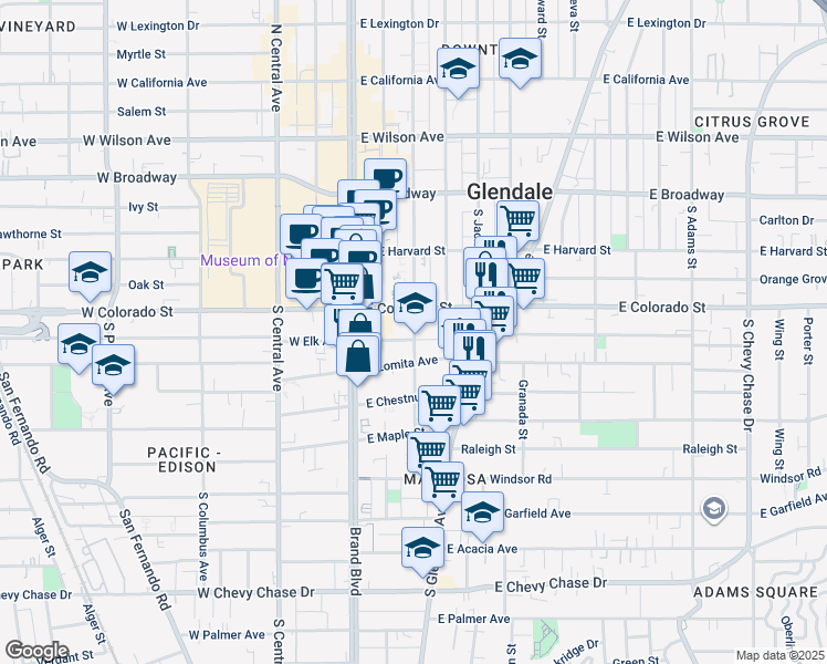 map of restaurants, bars, coffee shops, grocery stores, and more near 417 East Elk Avenue in Glendale