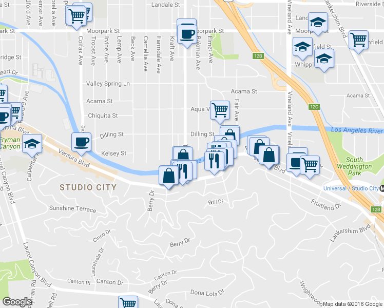 map of restaurants, bars, coffee shops, grocery stores, and more near 4048 Tujunga Avenue in Los Angeles