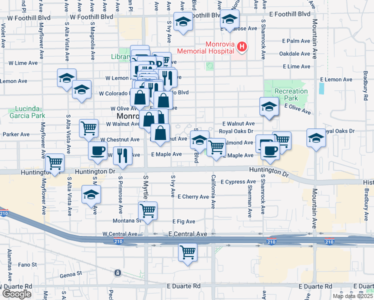 map of restaurants, bars, coffee shops, grocery stores, and more near 228 East Maple Avenue in Monrovia