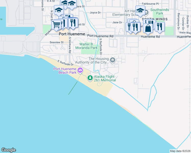 map of restaurants, bars, coffee shops, grocery stores, and more near 659 Ocean View Drive in Port Hueneme