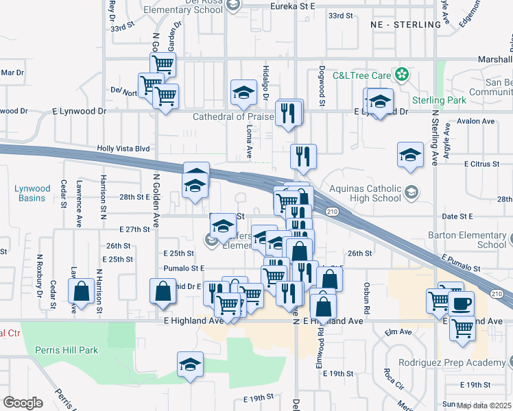 map of restaurants, bars, coffee shops, grocery stores, and more near 1450 East Date Street in San Bernardino