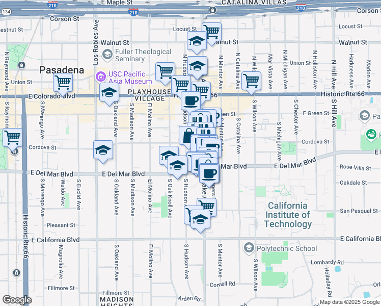map of restaurants, bars, coffee shops, grocery stores, and more near 257 South Hudson Avenue in Pasadena