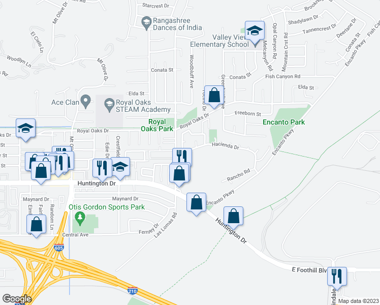map of restaurants, bars, coffee shops, grocery stores, and more near 2670 Hacienda Drive in Duarte