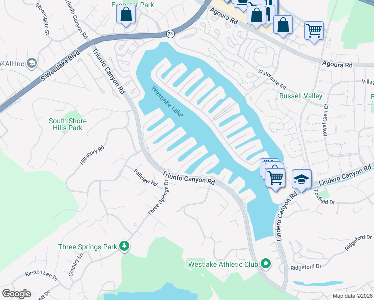 map of restaurants, bars, coffee shops, grocery stores, and more near 3827 Bowsprit Circle in Westlake Village