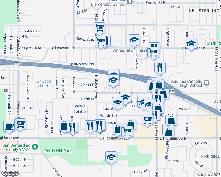 map of restaurants, bars, coffee shops, grocery stores, and more near 2757 Conejo Drive in San Bernardino