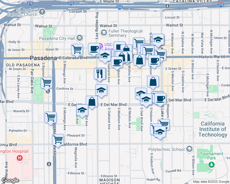 map of restaurants, bars, coffee shops, grocery stores, and more near 227 South Madison Avenue in Pasadena