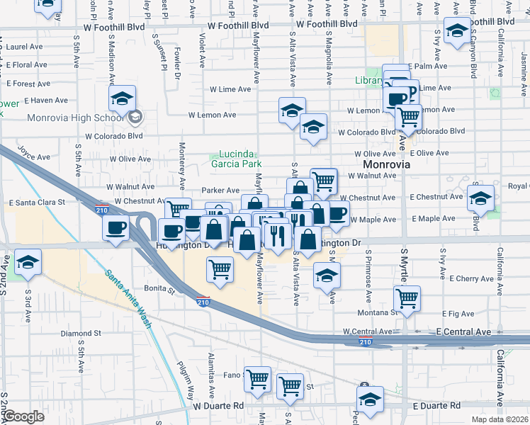 map of restaurants, bars, coffee shops, grocery stores, and more near 930 Mayflower Avenue in Monrovia