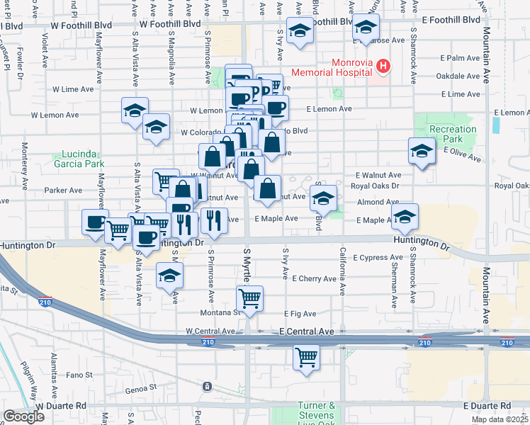 map of restaurants, bars, coffee shops, grocery stores, and more near 928 South Myrtle Avenue in Monrovia