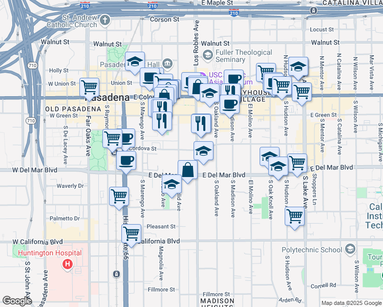 map of restaurants, bars, coffee shops, grocery stores, and more near 388 Cordova Street in Pasadena