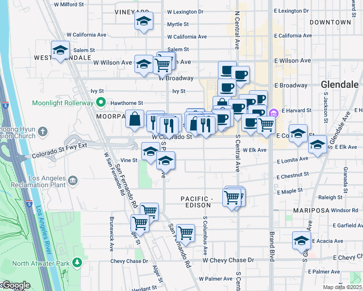 map of restaurants, bars, coffee shops, grocery stores, and more near 446 West Elk Avenue in Glendale