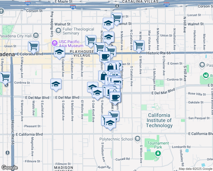 map of restaurants, bars, coffee shops, grocery stores, and more near 225 South Lake Avenue in Pasadena