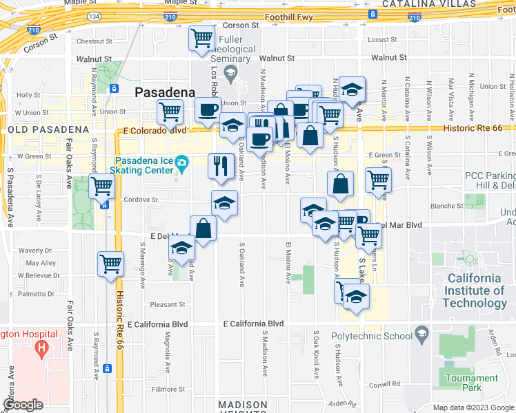 map of restaurants, bars, coffee shops, grocery stores, and more near 227 South Madison Avenue in Pasadena