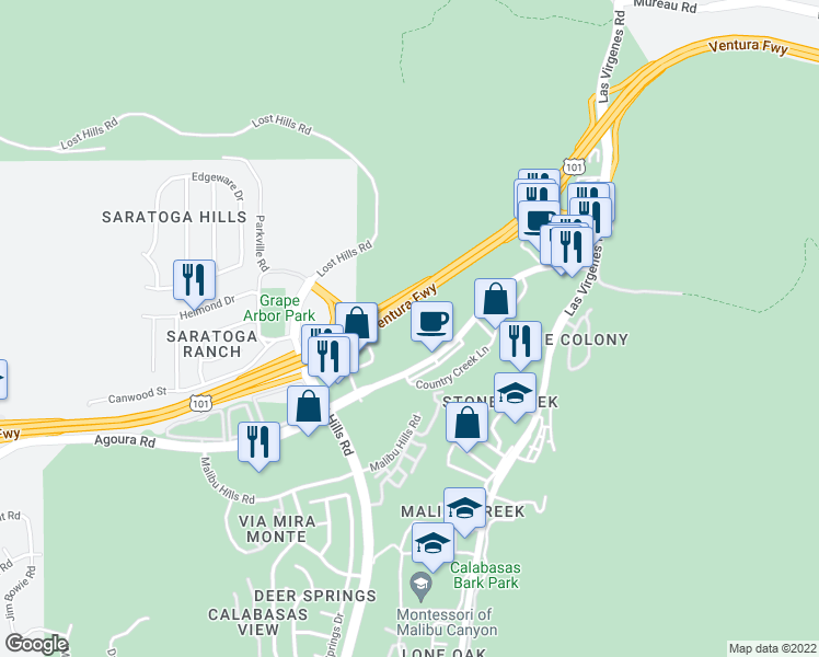 map of restaurants, bars, coffee shops, grocery stores, and more near 26677 Agoura Road in Calabasas
