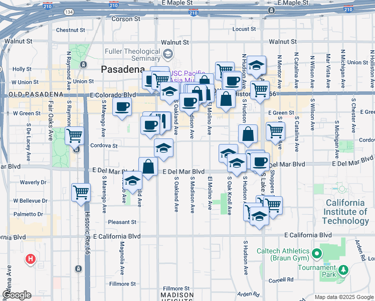 map of restaurants, bars, coffee shops, grocery stores, and more near 227 South Madison Avenue in Pasadena